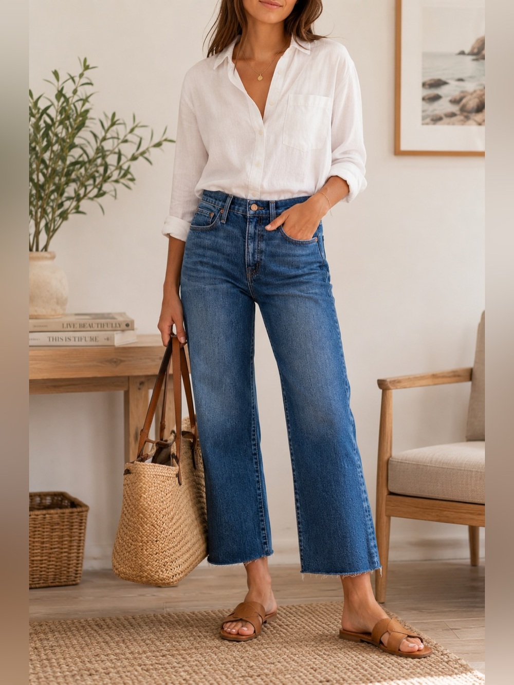 Madewell Petite Slim Wide Leg Crop Jeans Raw Hem Medium Wash 24P